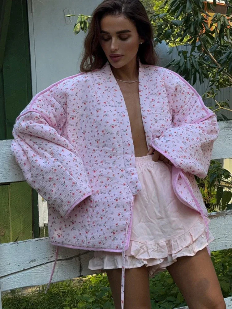 Floral Cotton-Padded Lace-Up Jacket