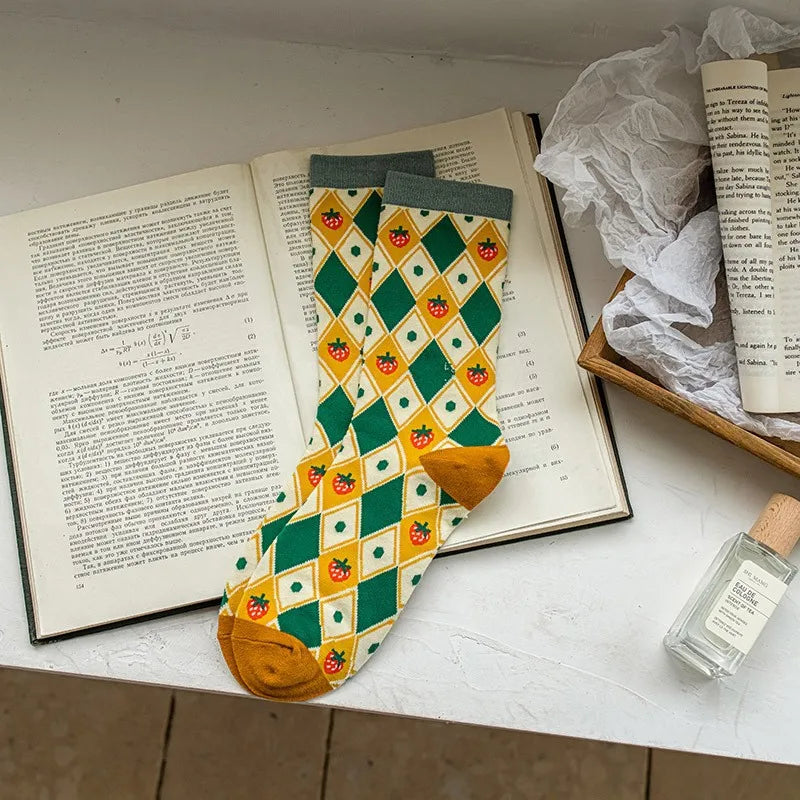 Women's Cute Colored Long Socks - Diamond, Fruit, and Flower Pattern Socks