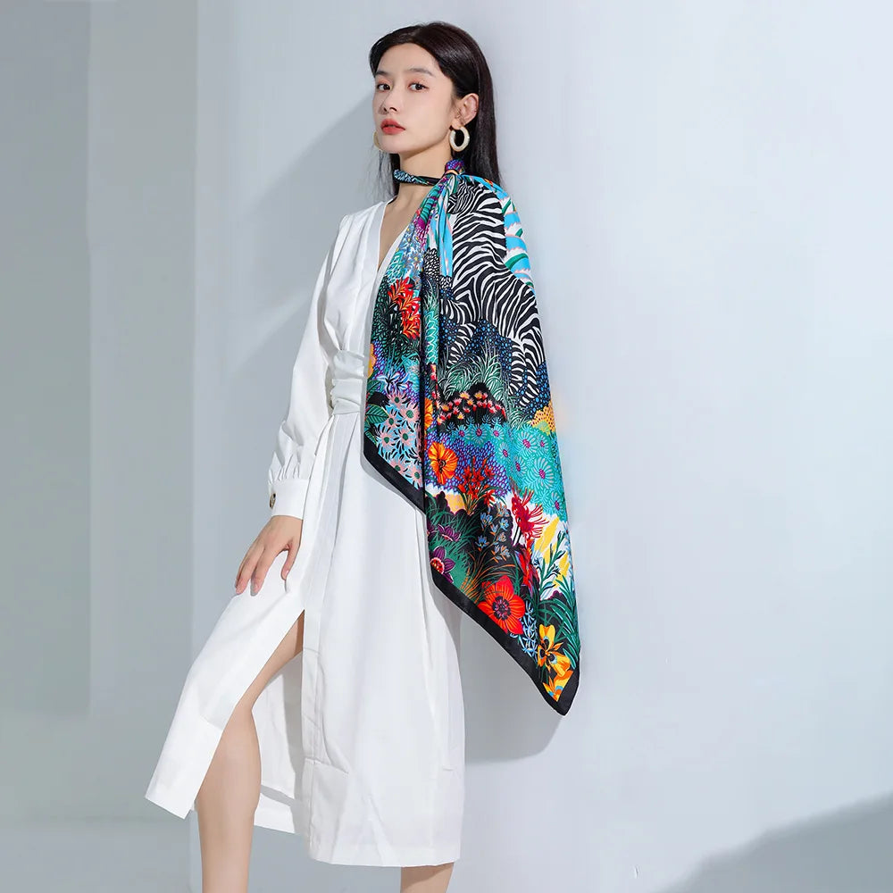 90*90cm Women Scarf Silk Feeling Hair Neck Square Brand Office bandanna muffler Waiter Flight Attendants Handkerchief Rings wrap