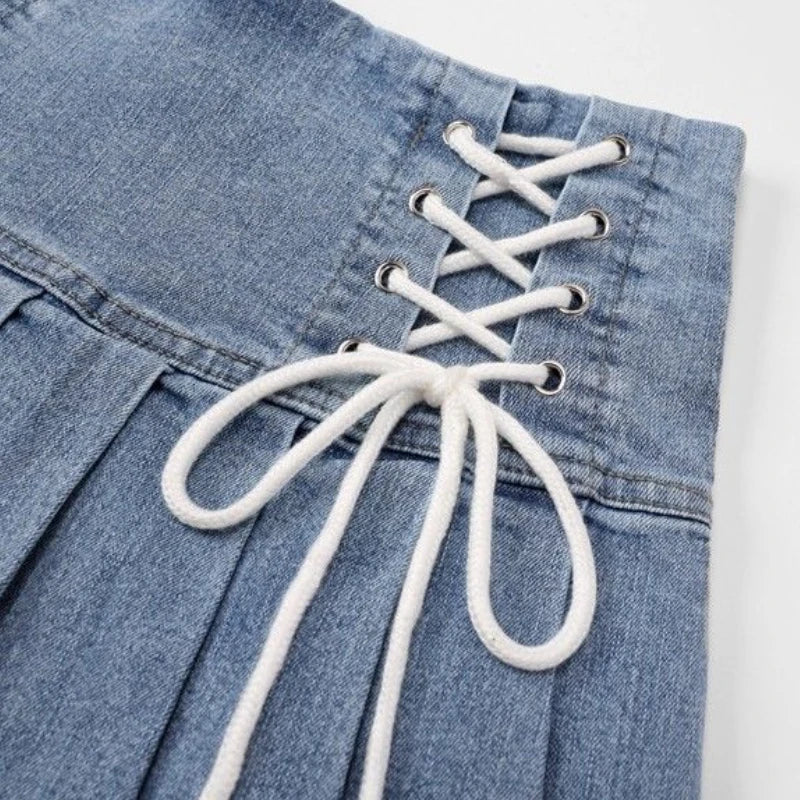 Denim Pleated Skirts Women Cute Lace-up Chic Girlish Summer Mini Skirt Korean Style Fashion Sexy High Waist Streetwear College