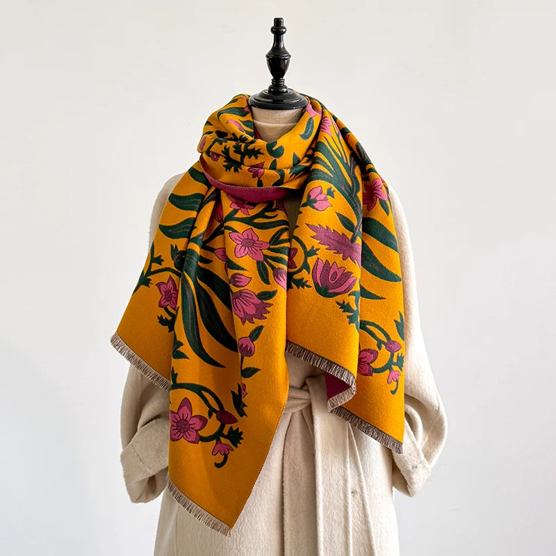 Elegant Women's Floral Jacquard Pashmina Shawl - Winter Thick Warm Double-Sided Tassel Design Coldproof Windproof Blanket Scarf