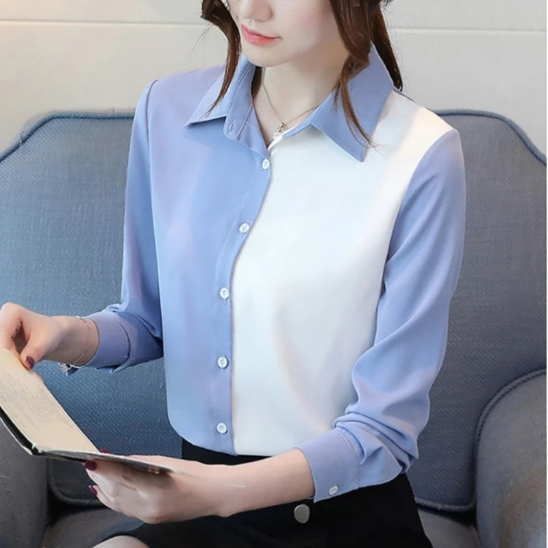 Office Lady Solid Color Blouses Button Turn-down Collar Simple Loose Shirts Tops Women Spring Autumn New Grace Trend Clothing