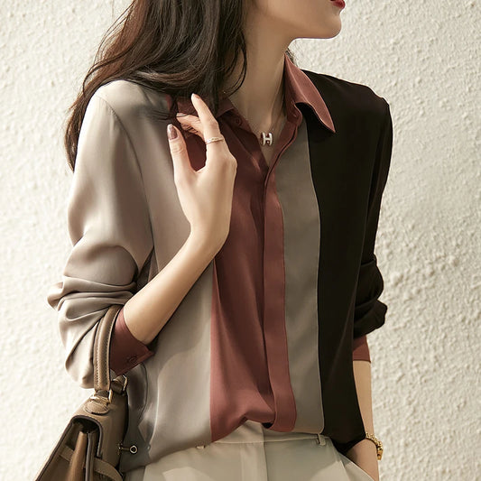 2025 Women Satin Button Blouse Autumn New Vintage Long Sleeve Polo Collar Women Shirt Elegant Loose Tops Clothing 18146