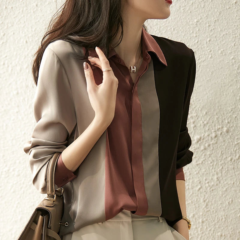 2025 Women Satin Button Blouse Autumn New Vintage Long Sleeve Polo Collar Women Shirt Elegant Loose Tops Clothing 18146