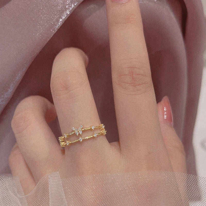 ANENJERY Silver Color Zircon Butterfly Double Layer Adjustable Ring For Women Light Luxury Shiny Accessories Girl Gift