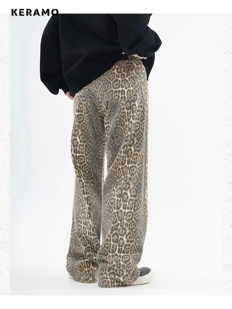 Leopard Print Wide-Leg Jeans