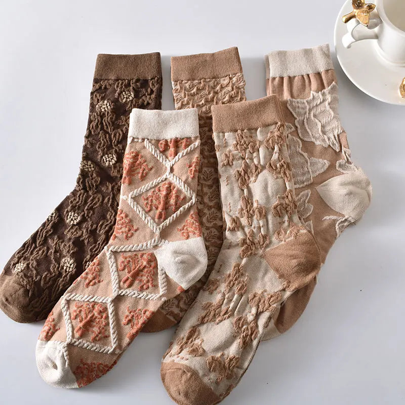 5 Pairs/ Lot Dreamlikelin Woman Socks Harajuku Retro Embroidery Spring 3D Knitting Flowers Embossed Print Lolita Christmas Gift