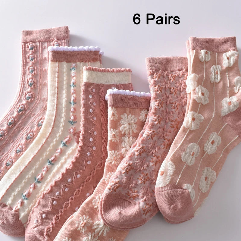5 Pairs/ Lot Dreamlikelin Woman Socks Harajuku Retro Embroidery Spring 3D Knitting Flowers Embossed Print Lolita Christmas Gift