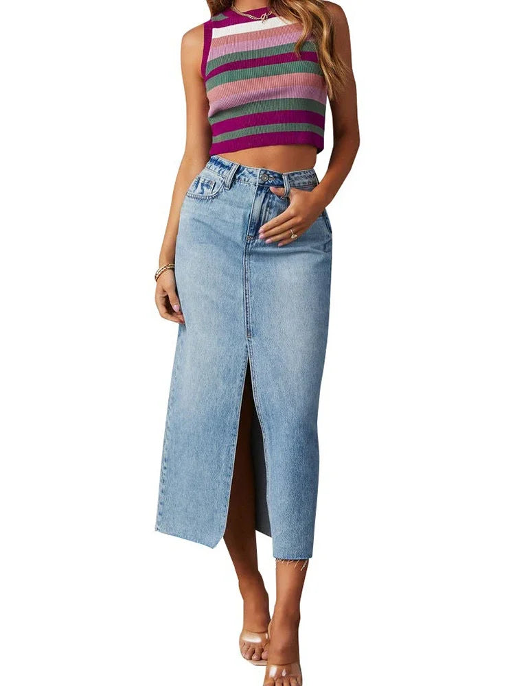 Washed Denim Fashion Skirts Woman High Waist A Line Split Midi Faldas Female 2024 Winter Streetwear Vintage Ladies Long Skirt