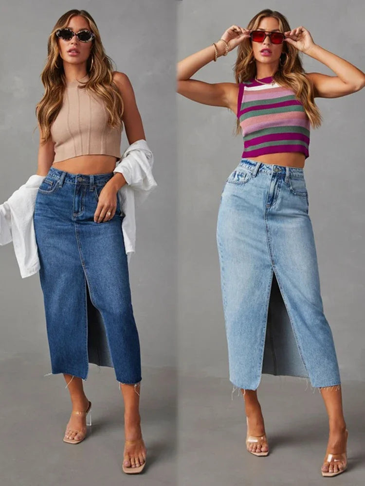 Washed Denim Fashion Skirts Woman High Waist A Line Split Midi Faldas Female 2024 Winter Streetwear Vintage Ladies Long Skirt