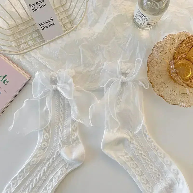 JK Japanese Lace Bow Ruffle Socks Kawaii Lolita Short Socks Cotton Socks Lacework Stockings Women's Mid-tube Solid Stockings