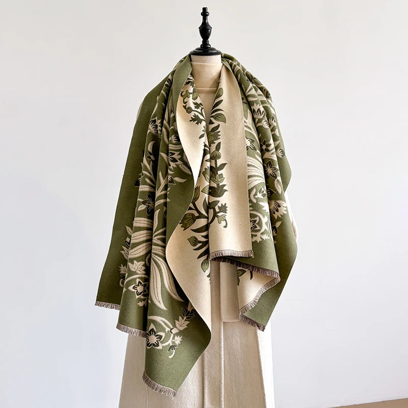 Elegant Women's Floral Jacquard Pashmina Shawl - Winter Thick Warm Double-Sided Tassel Design Coldproof Windproof Blanket Scarf