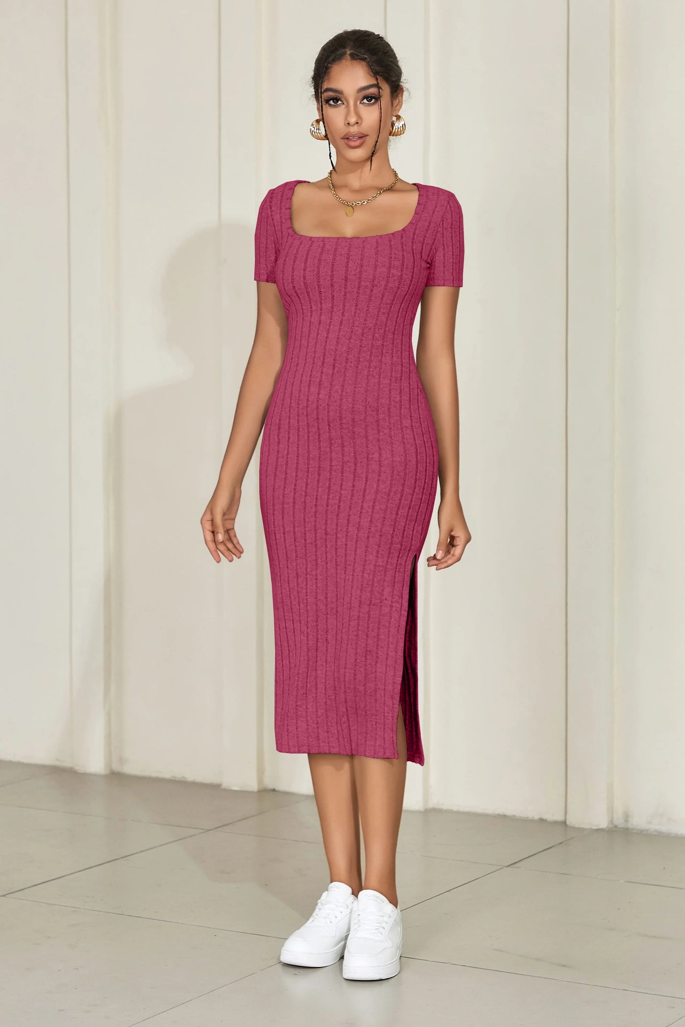 Square Neck Knit Midi Dress