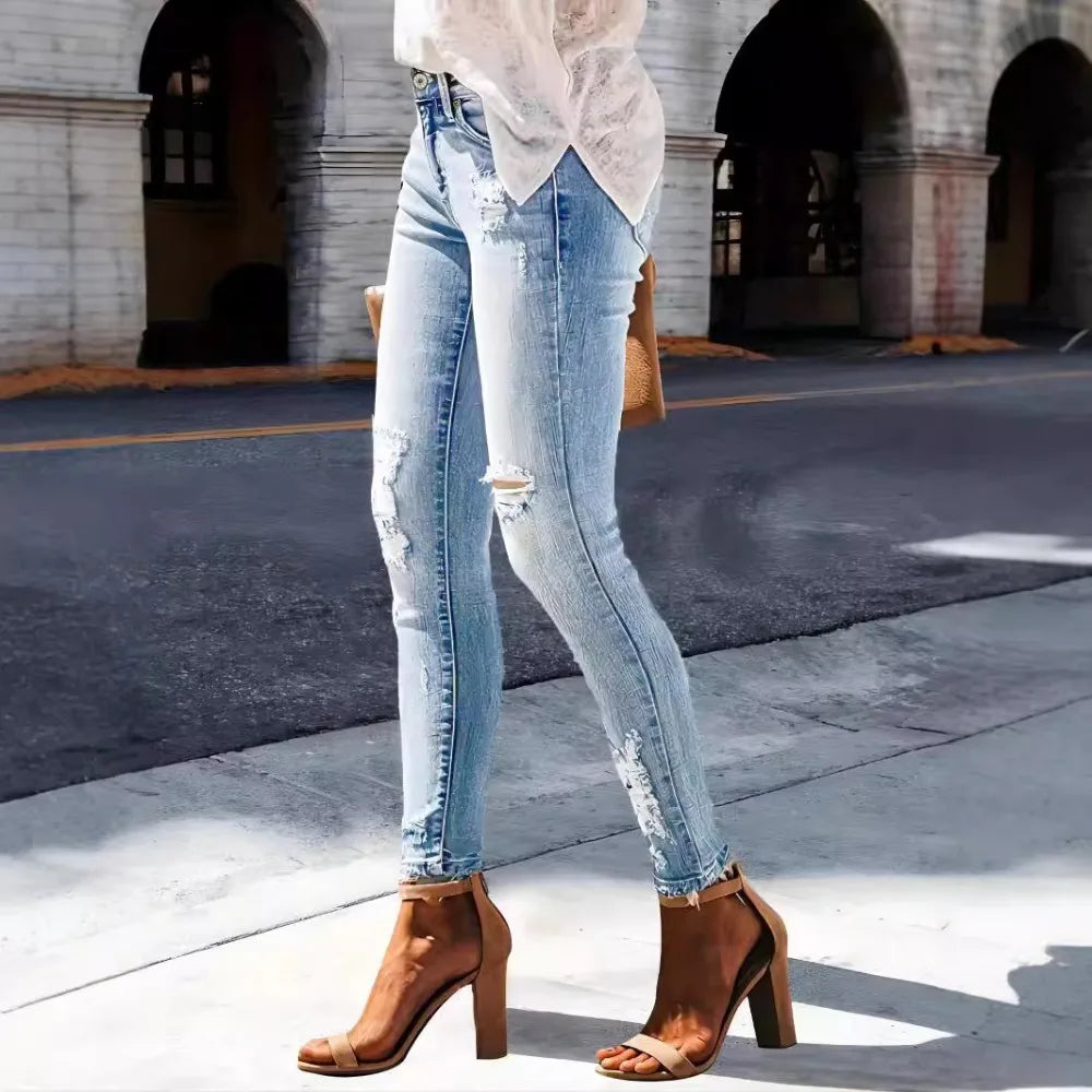 Distressed High-Stretch Straight Jeans