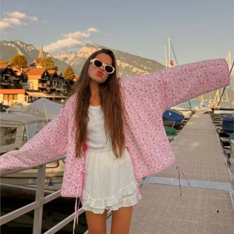 Floral Cotton-Padded Lace-Up Jacket