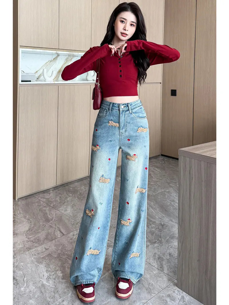 Embroidered Dog Straight-Leg Jeans