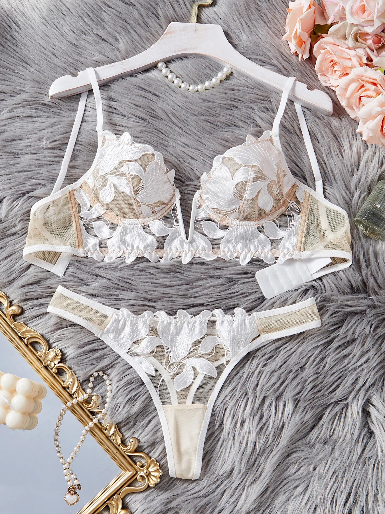 Floral Embroidered Bra Brief Set