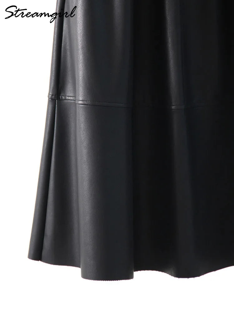 Midi Brown Leather Skirts For Women Autumn Winter Elastic Waist A Line Big Swing Black Long Skirts Women Leather With Pockets