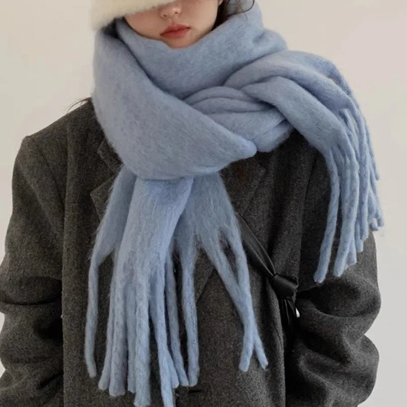 1PC New Soft Winter Scarf Solid Color Warm Long Tassel Scarves Mohair Thickened Wrap Shawls For Women Girls