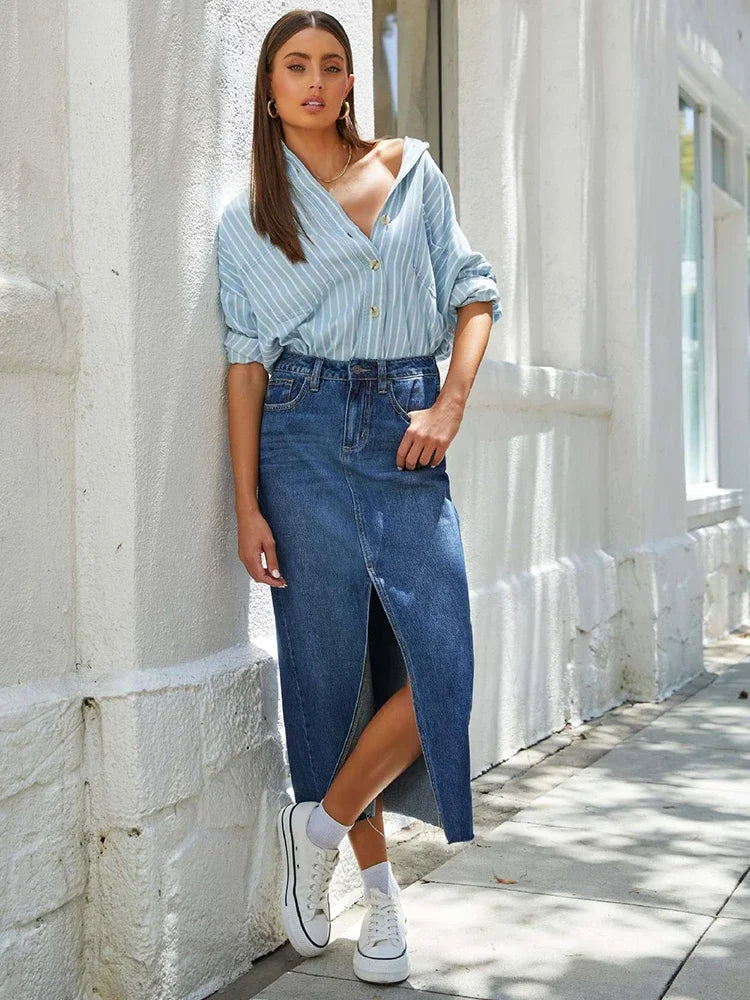 Washed Denim Fashion Skirts Woman High Waist A Line Split Midi Faldas Female 2024 Winter Streetwear Vintage Ladies Long Skirt