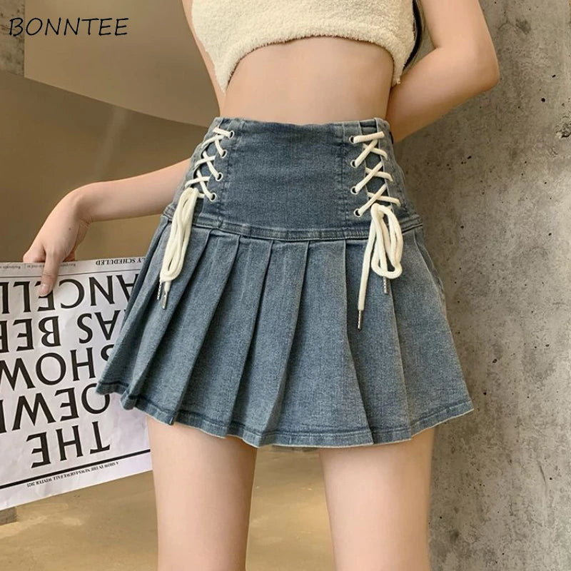 Denim Pleated Skirts Women Cute Lace-up Chic Girlish Summer Mini Skirt Korean Style Fashion Sexy High Waist Streetwear College