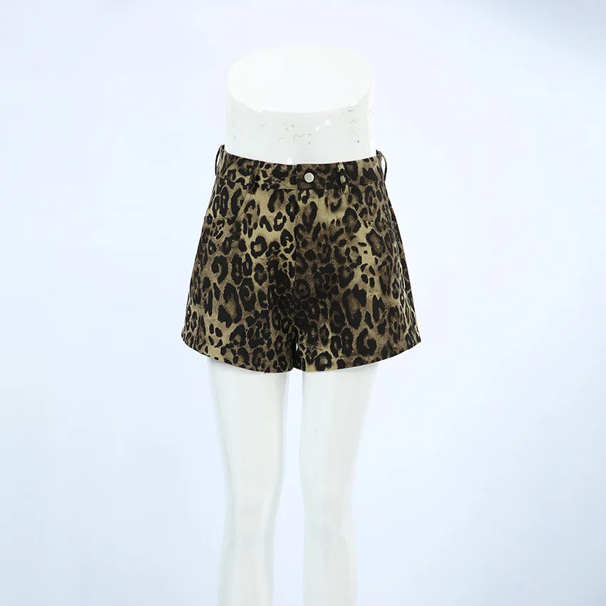 Retro Leopard Print Y2k Shorts Women Fashion Dropped Zippers Pocket Button Female Pants 2024 Summer Lady Chic Shorts Outwear