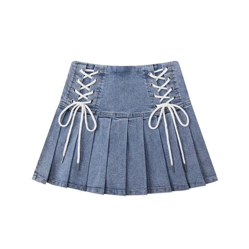 Denim Pleated Skirts Women Cute Lace-up Chic Girlish Summer Mini Skirt Korean Style Fashion Sexy High Waist Streetwear College