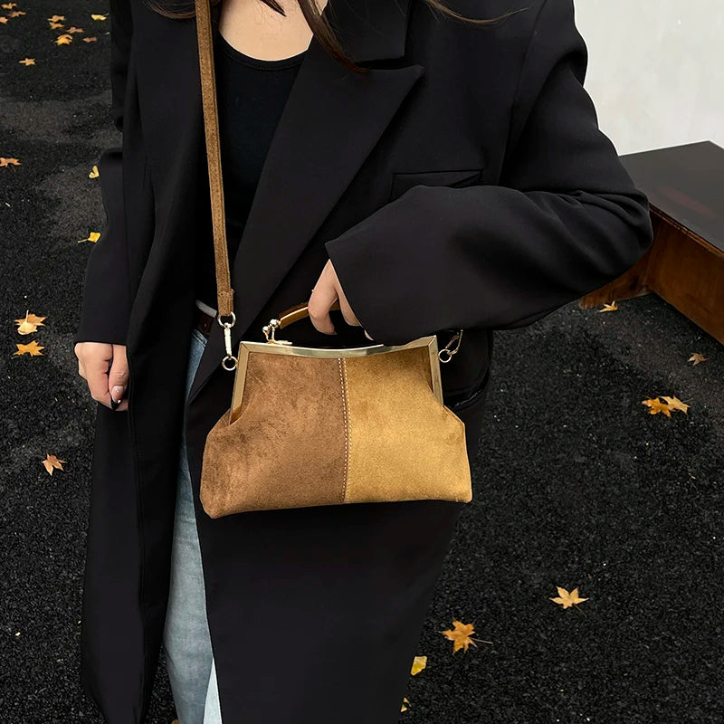 Suede Wooden Handle Handbag