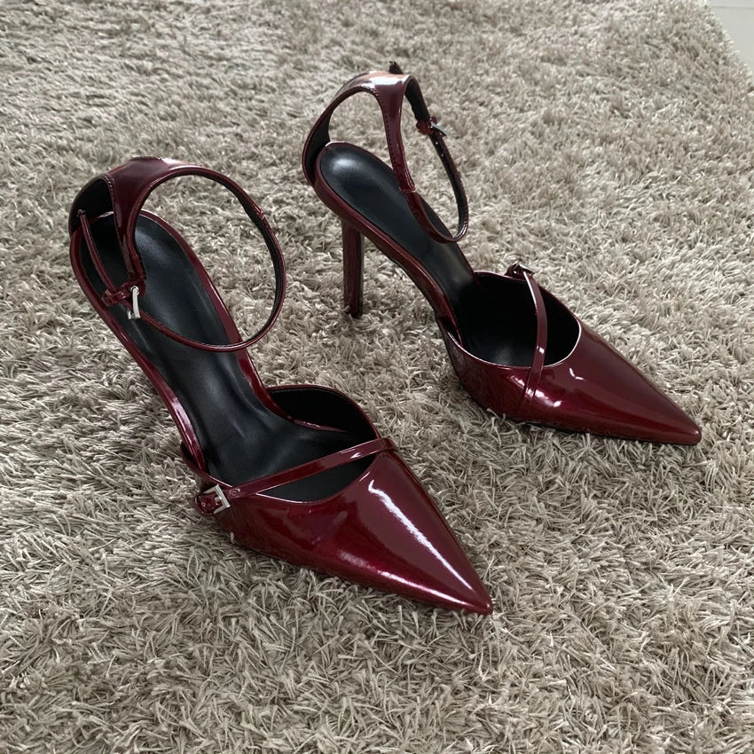 Fashion Dark Red Ankle Strap Pumps Women Point Head Patent Leather Stilettos Summer Sexy Thin High Heels Sandals For Woman