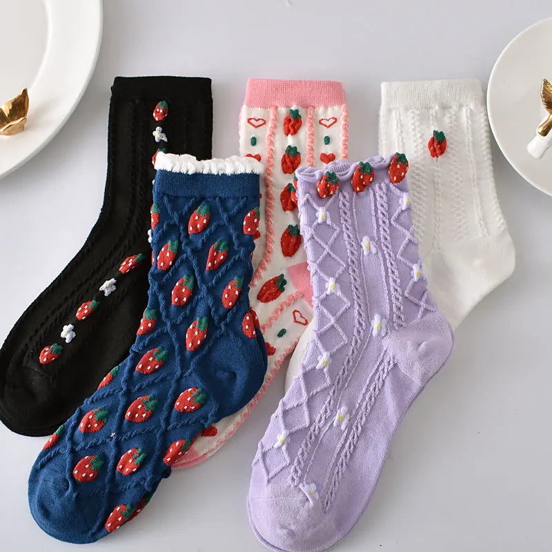 5 Pairs/ Lot Dreamlikelin Woman Socks Harajuku Retro Embroidery Spring 3D Knitting Flowers Embossed Print Lolita Christmas Gift