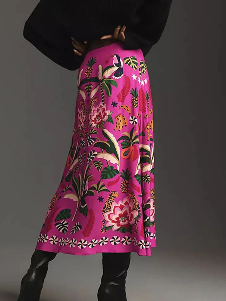 Women Summer Autumn Fashion Printed A-line Skirt Elegent Female Plants and flowers printed zipper Skirts