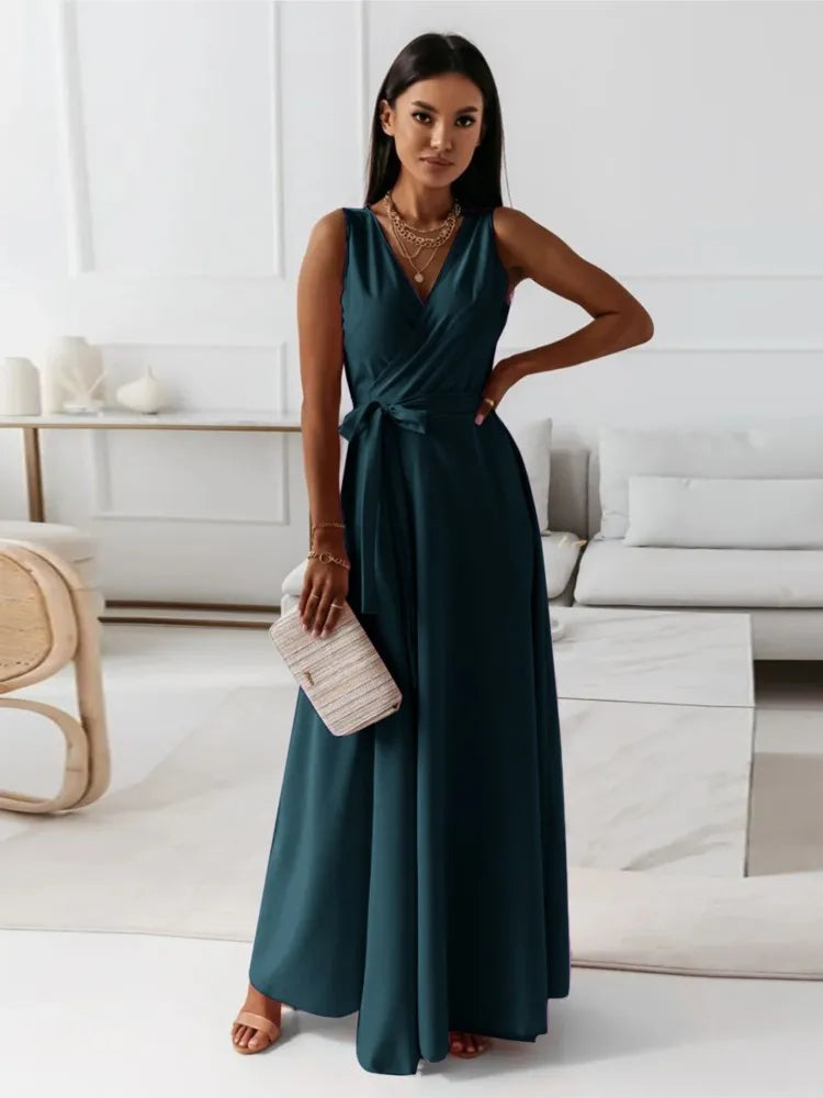 Lace-Up V-Neck Maxi Dress