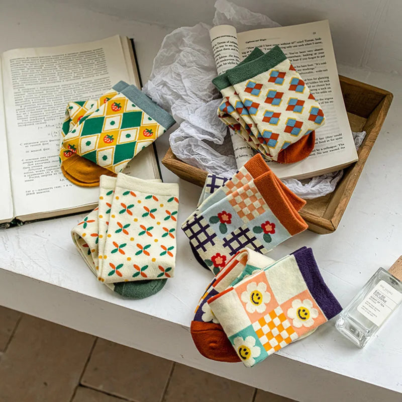 Women's Cute Colored Long Socks - Diamond, Fruit, and Flower Pattern Socks