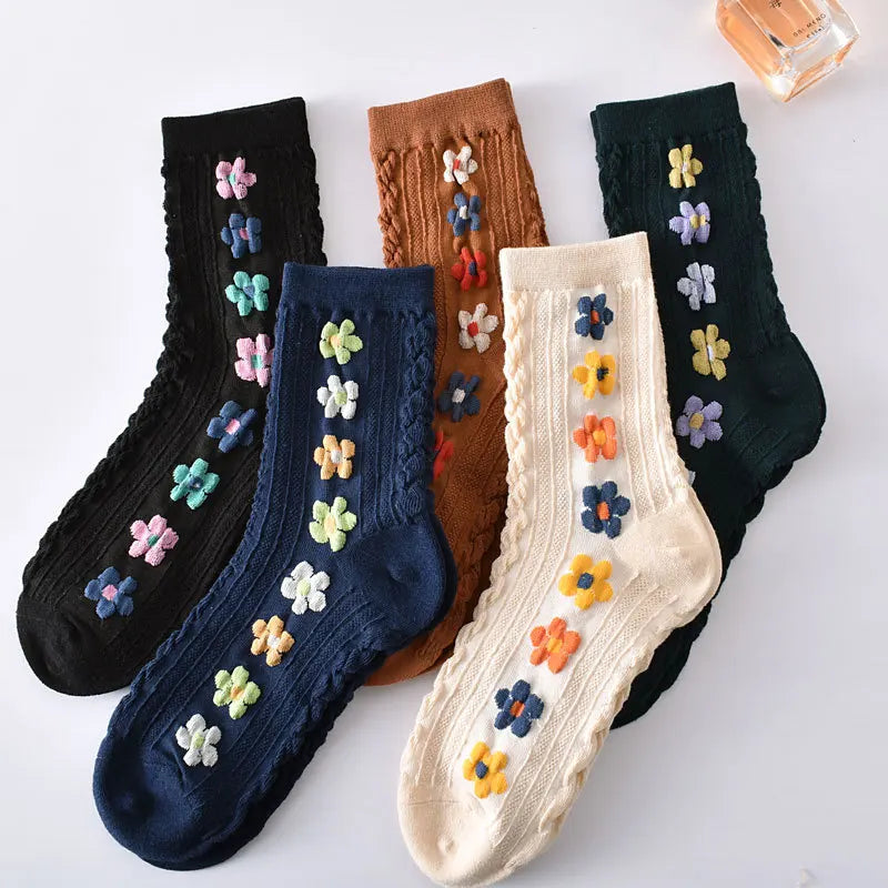 5 Pairs/ Lot Dreamlikelin Woman Socks Harajuku Retro Embroidery Spring 3D Knitting Flowers Embossed Print Lolita Christmas Gift