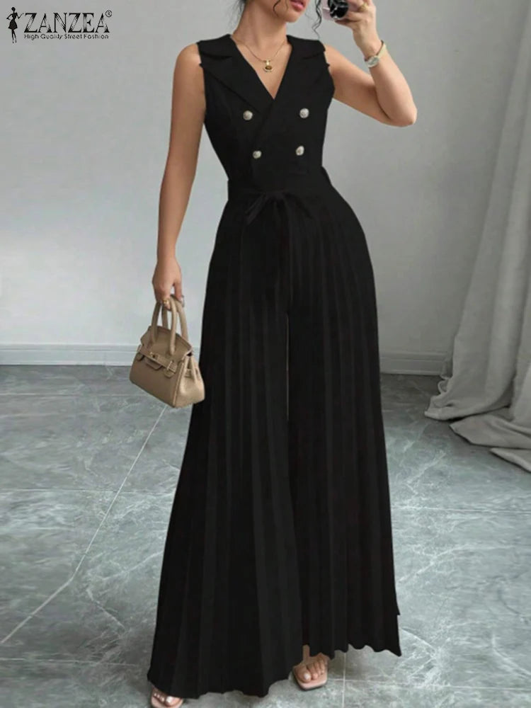Pleated Sleeveless Office Jumpsuit