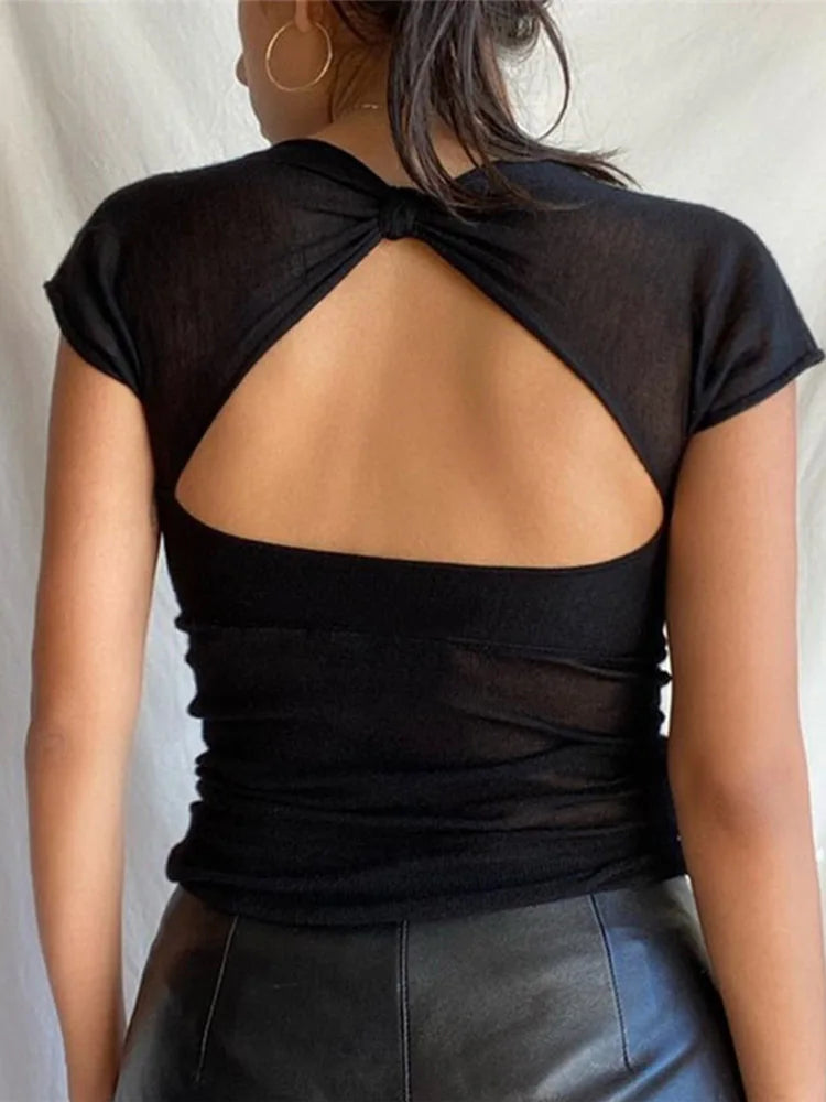 Square Collar Summer Sexy Backless Tops for Women Cropped Short Sleeve Elegant Top Tees Skinny Streetwear Clothe