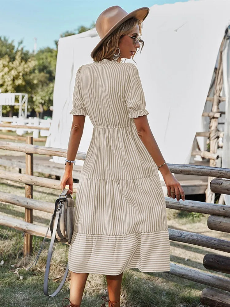 Striped Lantern Sleeve Midi Dress