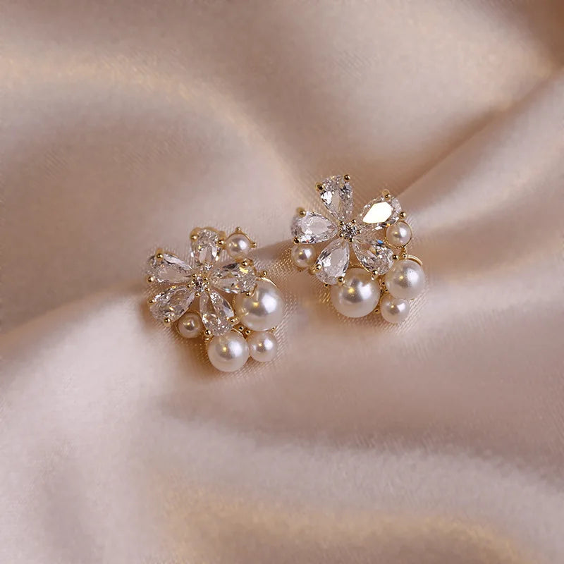 Rhinestone Flower Pearl Studs