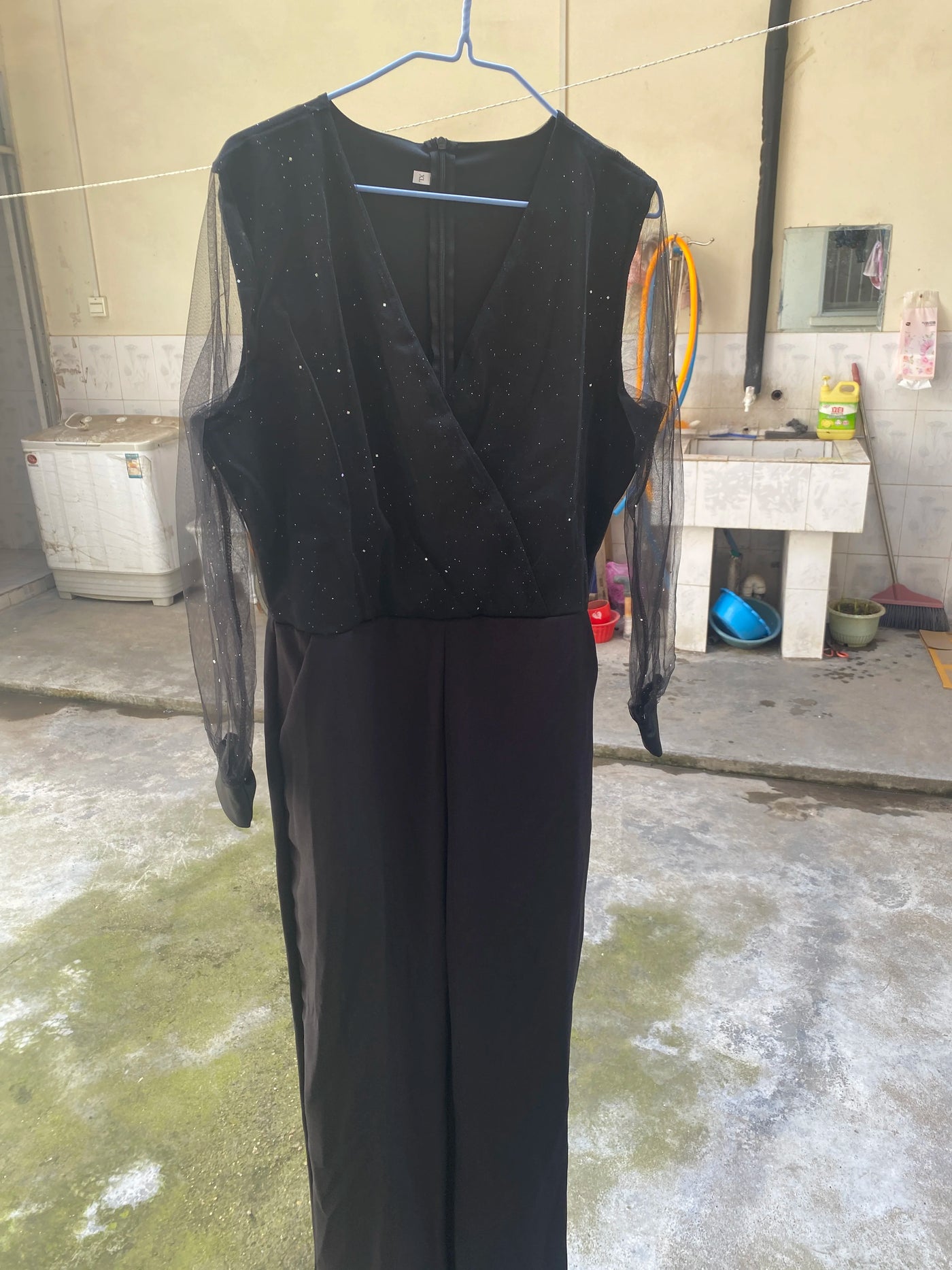 Long-Sleeve Mesh Sequin Jumpsuit