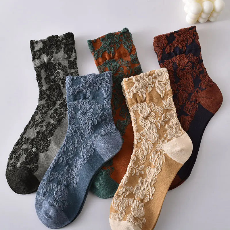 5 Pairs/ Lot Dreamlikelin Woman Socks Harajuku Retro Embroidery Spring 3D Knitting Flowers Embossed Print Lolita Christmas Gift