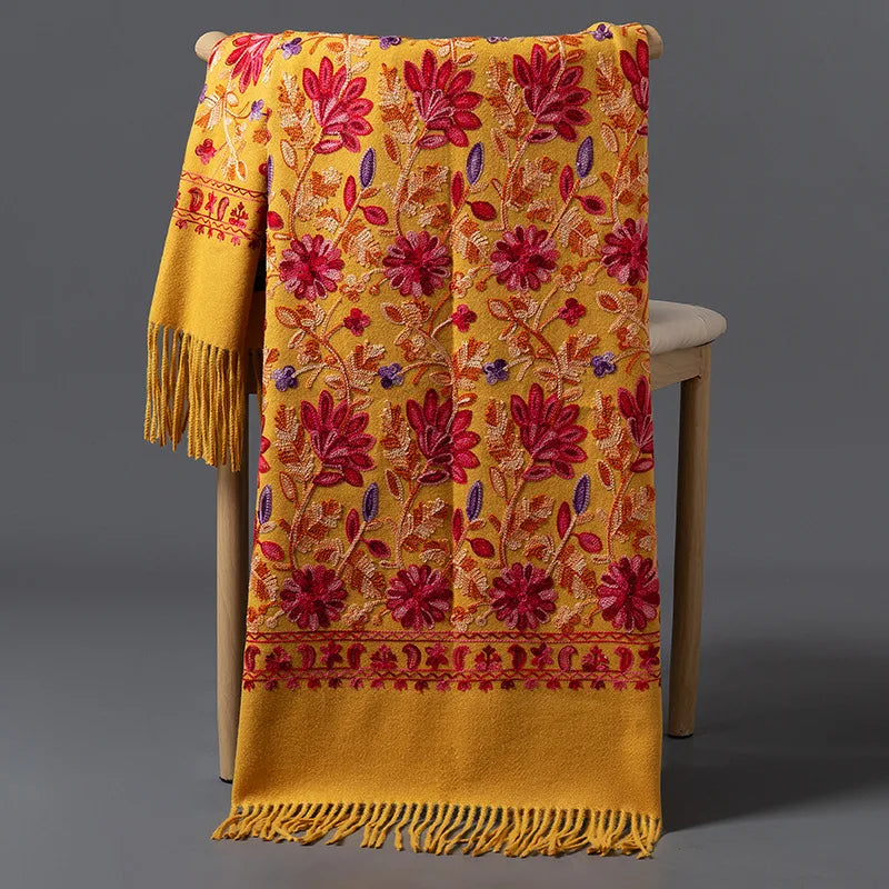 Luxury Women Floral Embroidery Cashmere Scarf Winter Warm Shawl Soft Thick Pashmina Foulard Female Tassel Blanket Scarves Wraps