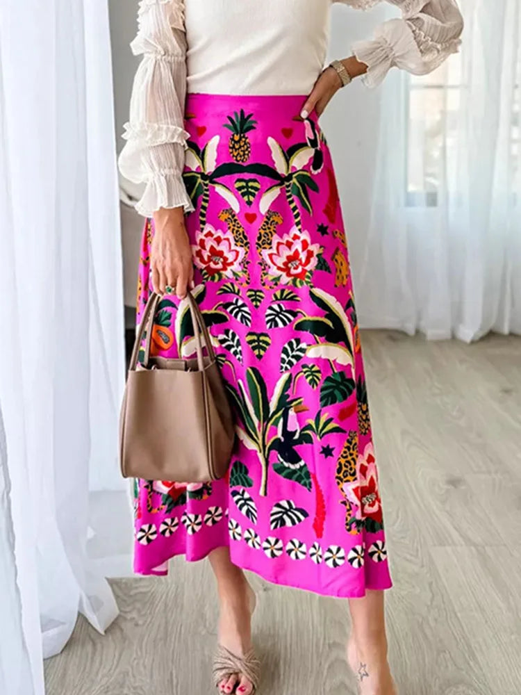 Women Summer Autumn Fashion Printed A-line Skirt Elegent Female Plants and flowers printed zipper Skirts