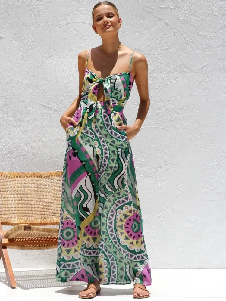 Bow-Tie Vacation Print Jumpsuit