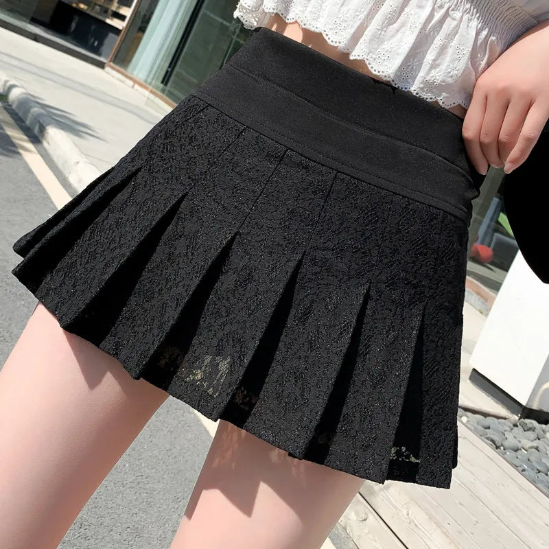 2023 Summer New Style Miniskirt Women High Waist Lace Black White Sweet and Cute Student Skirt Fashion Pleated Skirt