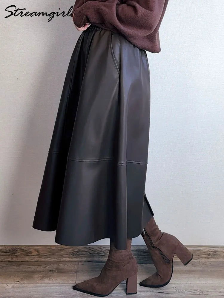 Midi Brown Leather Skirts For Women Autumn Winter Elastic Waist A Line Big Swing Black Long Skirts Women Leather With Pockets
