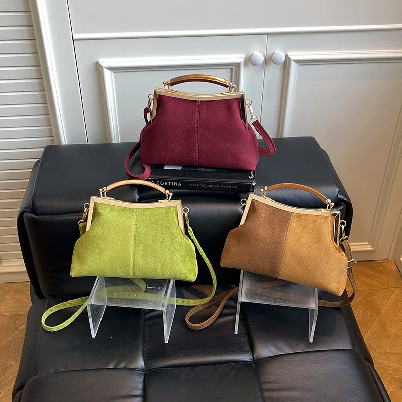 Suede Wooden Handle Handbag