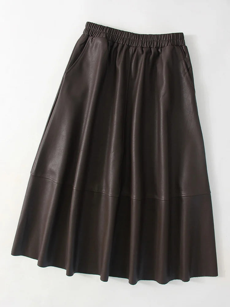 Midi Brown Leather Skirts For Women Autumn Winter Elastic Waist A Line Big Swing Black Long Skirts Women Leather With Pockets