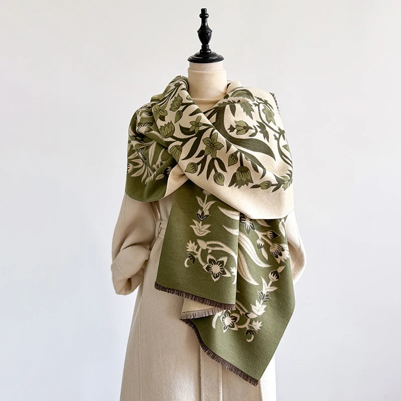 Elegant Women's Floral Jacquard Pashmina Shawl - Winter Thick Warm Double-Sided Tassel Design Coldproof Windproof Blanket Scarf