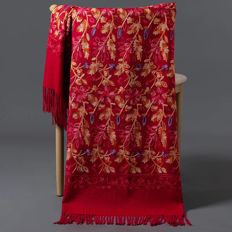 Luxury Women Floral Embroidery Cashmere Scarf Winter Warm Shawl Soft Thick Pashmina Foulard Female Tassel Blanket Scarves Wraps