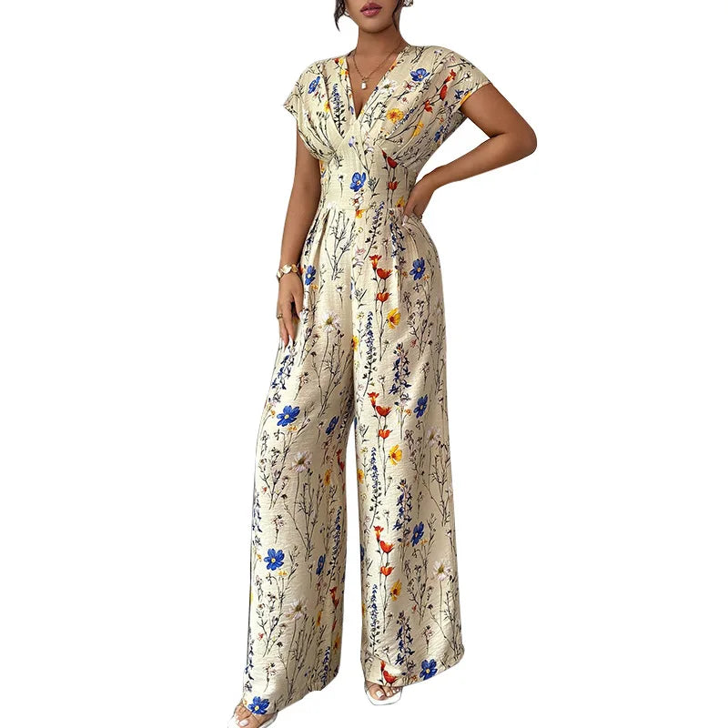 Floral Short-Sleeve Office Jumpsuit